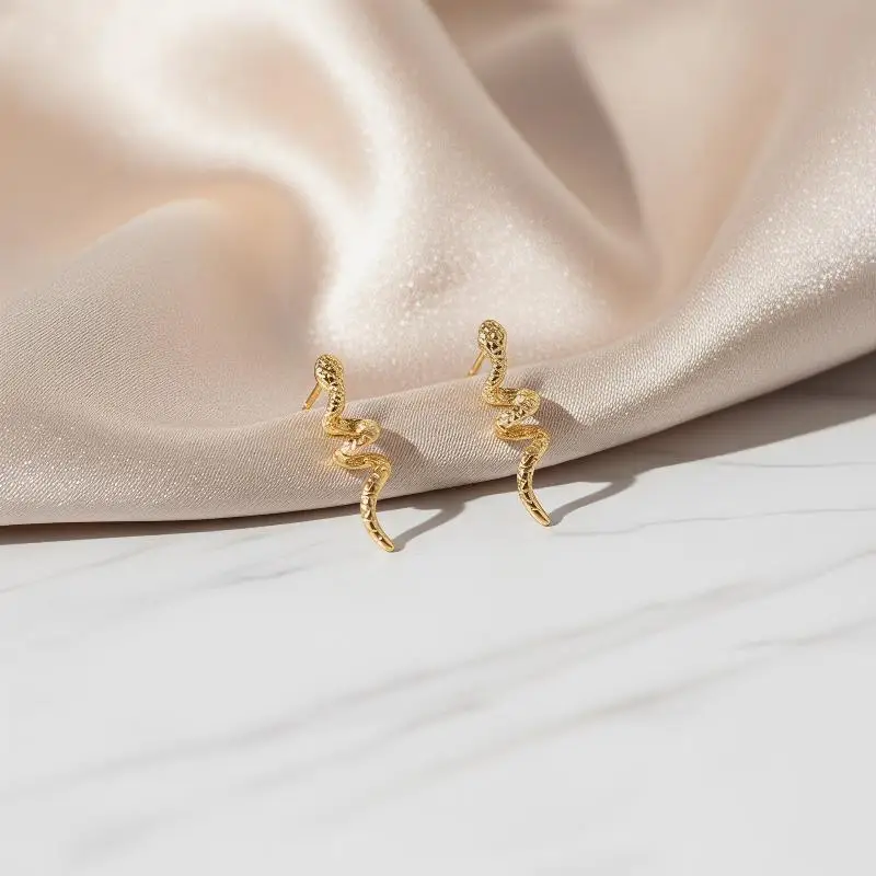 Gold Plated Snake Dangle Earrings Unique Textured Surface Hypoallergenic Posts Trendy Accessory for Music Festivals