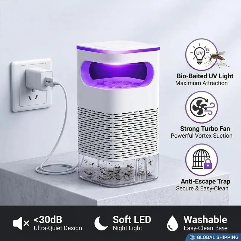 Piège à moustiques USB électrique silencieux, anti-insectes amélioré avec lumière UV, tue-mouches par inhalation pour intérieur, maison, chambre, bureau