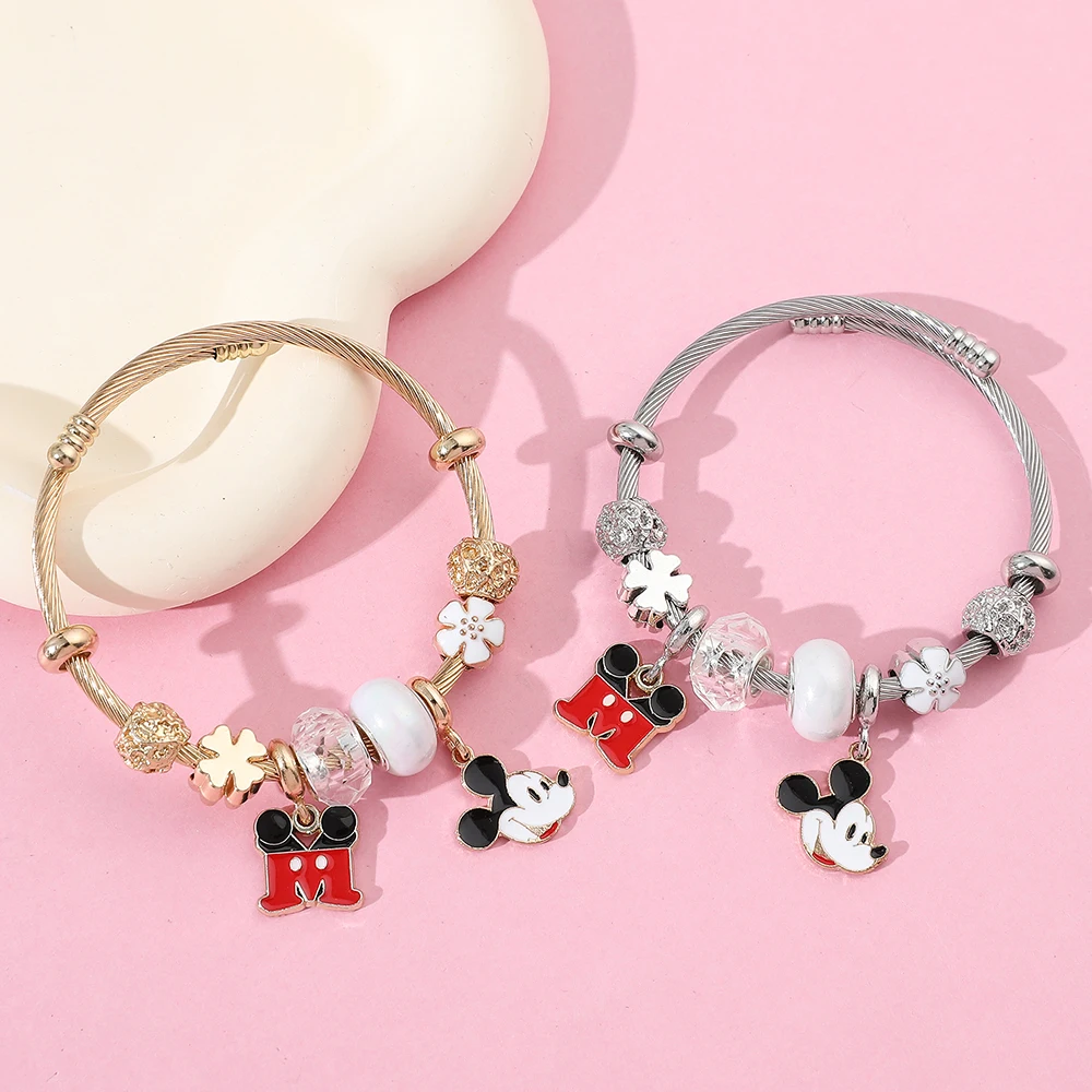 New Disney Series Fashionable and Cute Mickey Mouse Mickey M Letter Pendant DIY Flower Versatile Beaded Bracelet