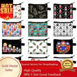 Matryoshka Doll Print Coin Purse Babushka Pattern Coin Bag Russian Dolls Earphone ID Credit Card Key Holder Gothic Small Wallet