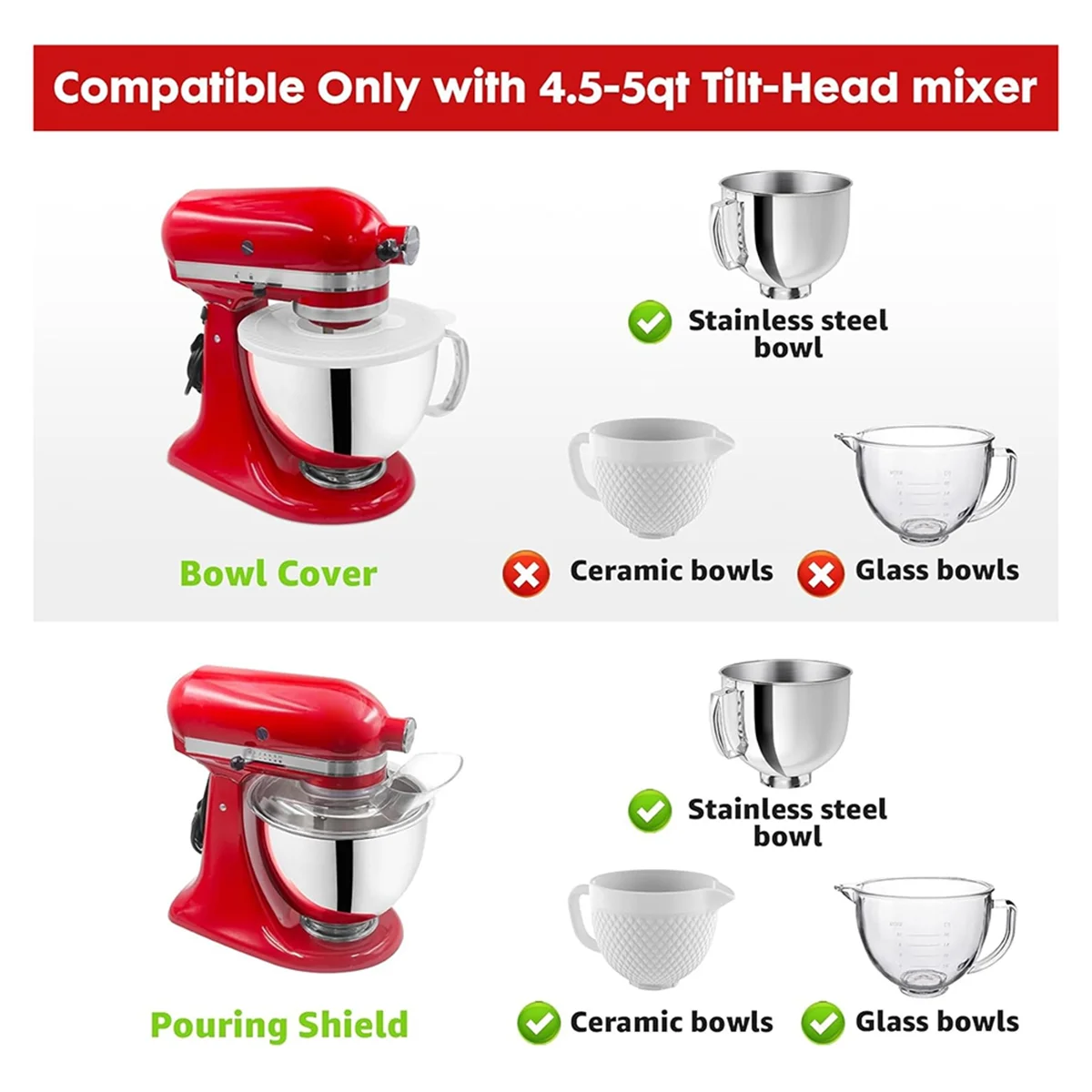 A25UFor KitchenAid 4.5-5 Quart Tilt-Head Stand Mixers, Secure Pouring Shield & Mixers Bowl Covers Mixer Splatter Guard Lids