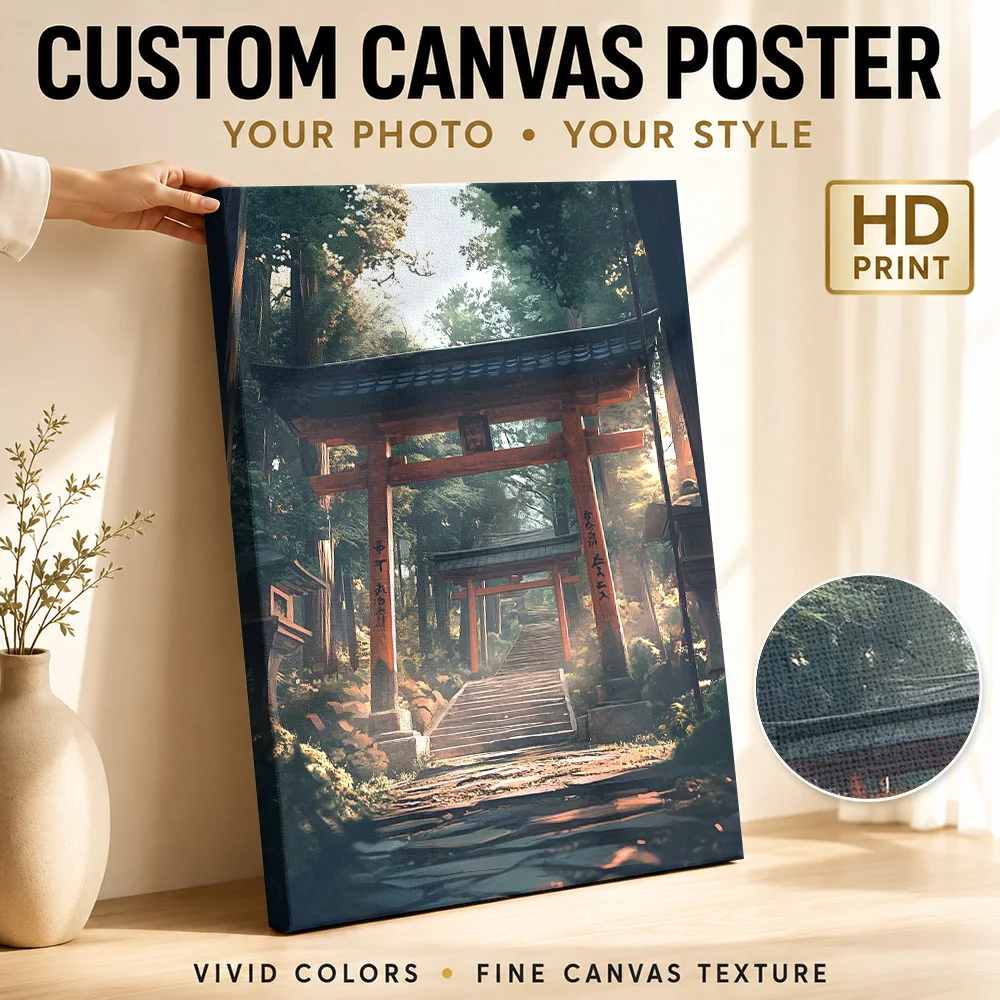 Japanese Shrine Torii Landscape Gallery Wrapped Canvas Print Customized Photo, Natural Color Detail Wall Art For Living Room