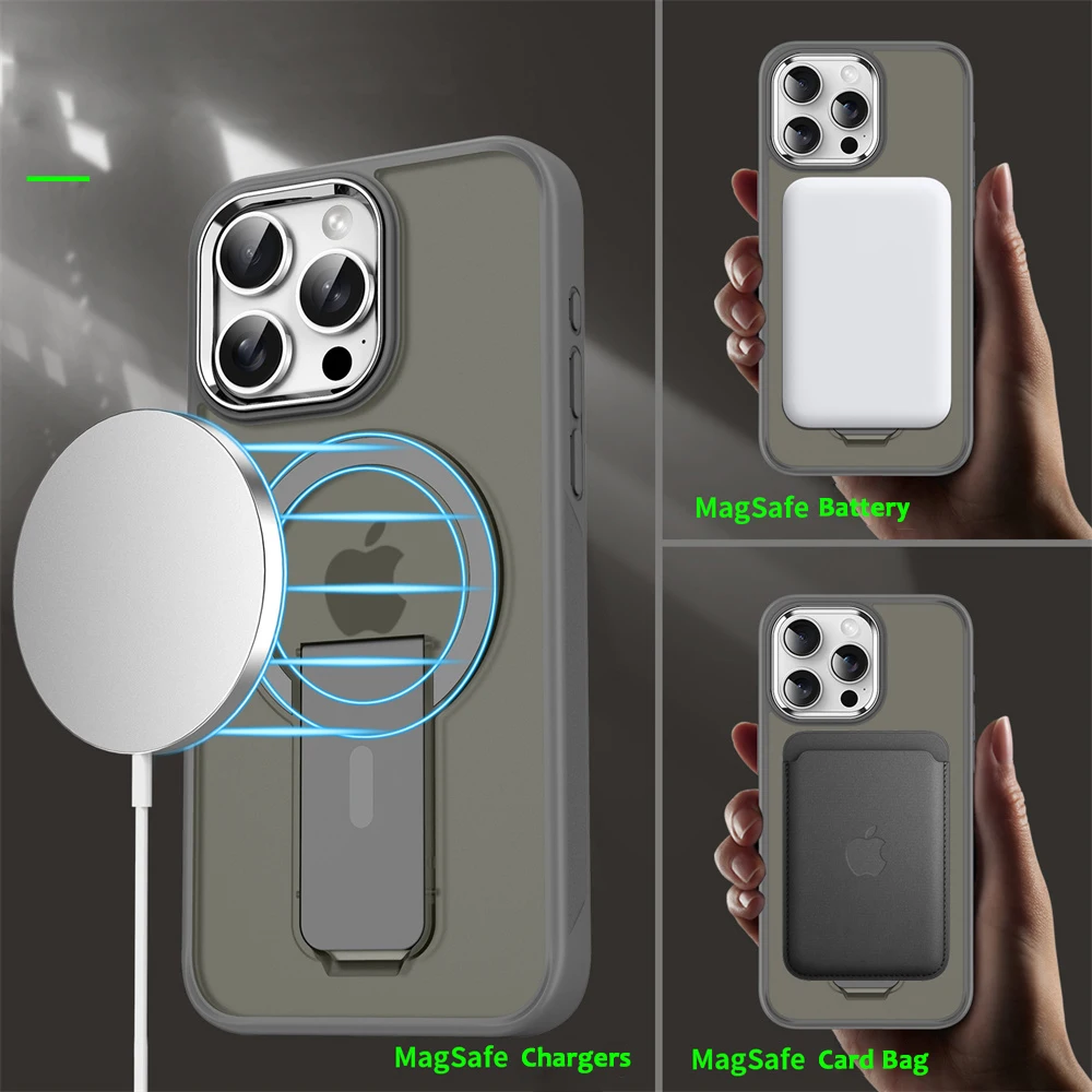 Luxury For Magsafe Folding Stand Magnetic Phone Case For iPhone 16 15 14 Plus 13 12 11 Pro Max Matte Translucent Back Cover Caps