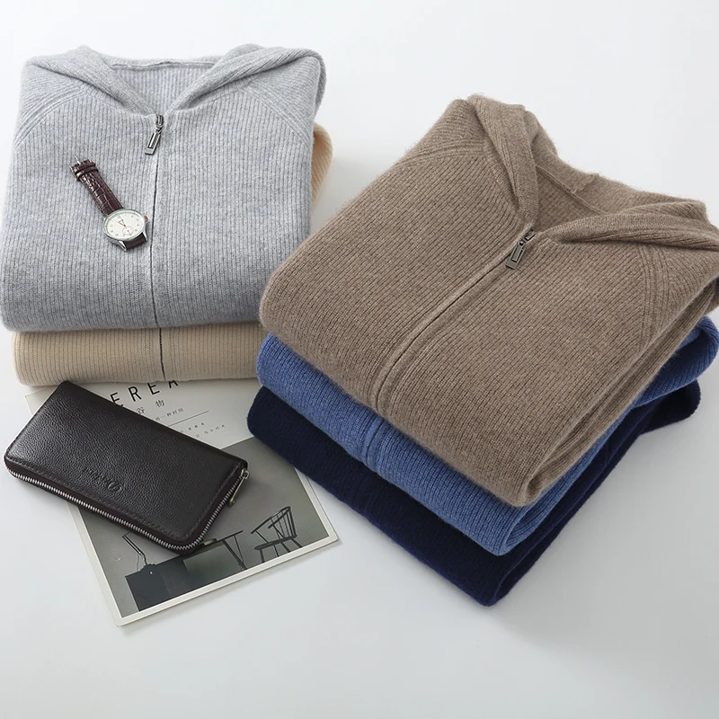 

Men's Thick Wool Coat Long Sleeve Hoodie 2025 Autumn Winter Knitted Cardigan Solid Color Elegant Men's Sweater