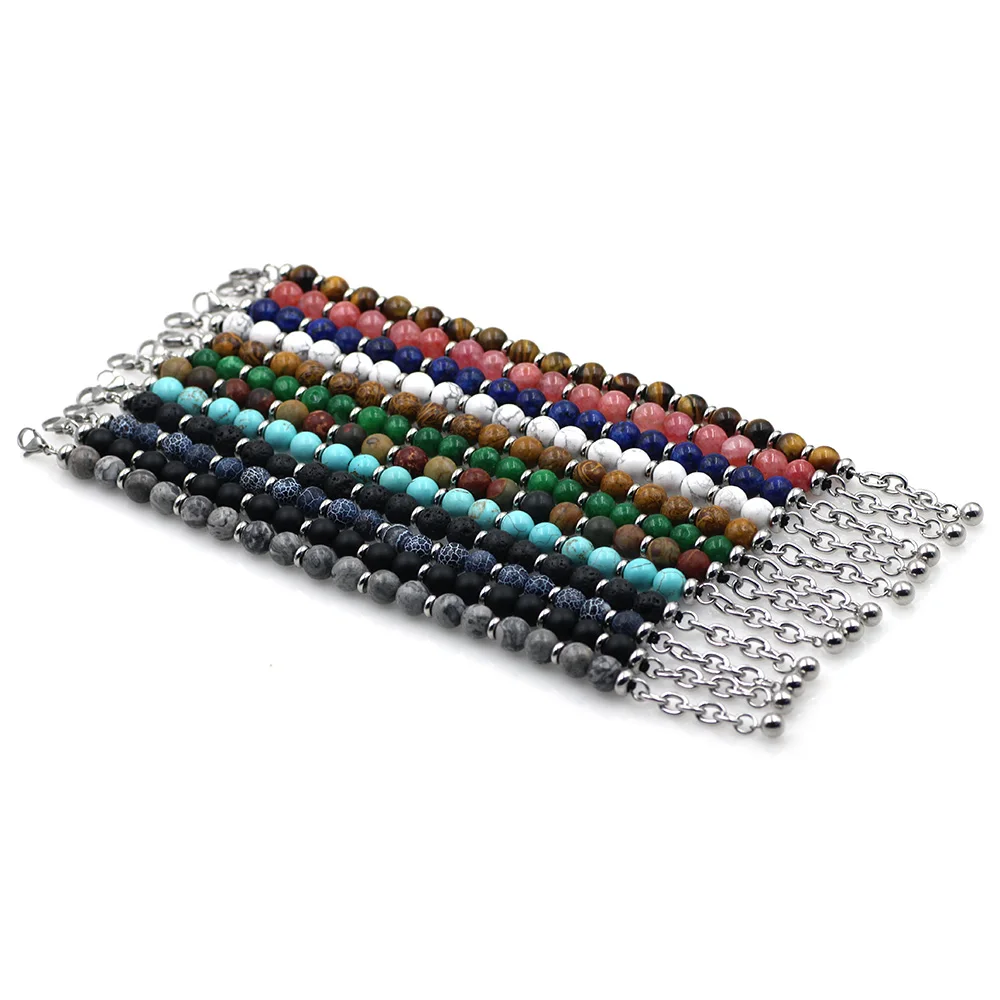 8 مللي متر خرزات عين النمر الفولاذ المقاوم للصدأ سلسلة الملونة الحجر الطبيعي حبلا أساور الرجال النساء سوار حلية الذكور مجوهرات هدايا