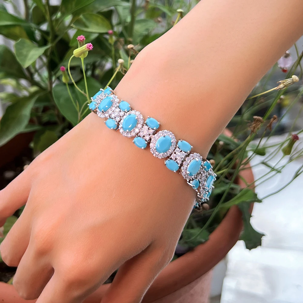 Pera 2024 New Trendy Oval Light Blue Turquoise CZ Silver Color BraceletS Bangles for Women Wedding Bride Hand Gift Jewelry B267