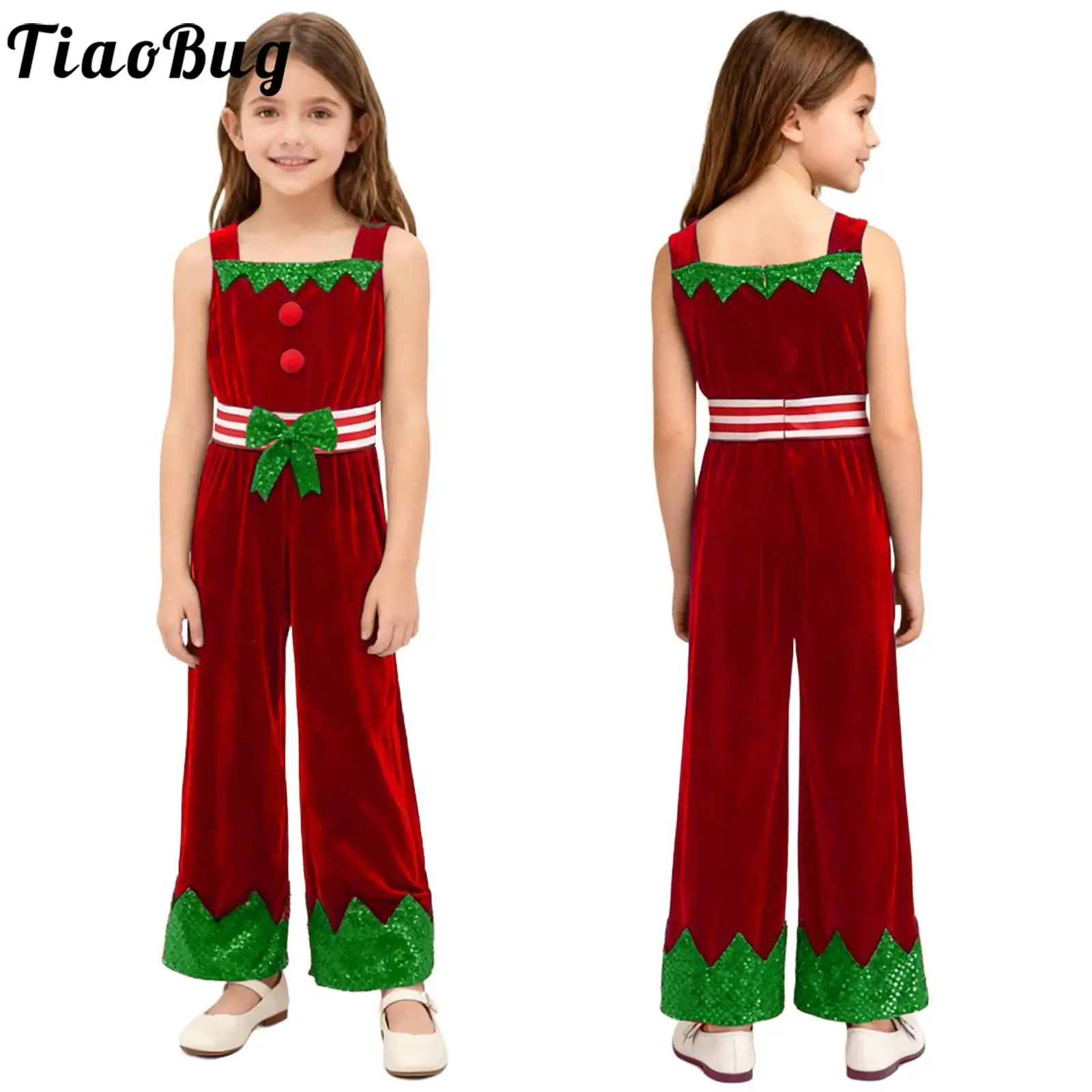 

Girls Christmas Elf Costumes Satan Claus Dance Dresses Leotards Sleeveless Shoulder Straps Pompom Jumpsuit for Xmas Theme Party