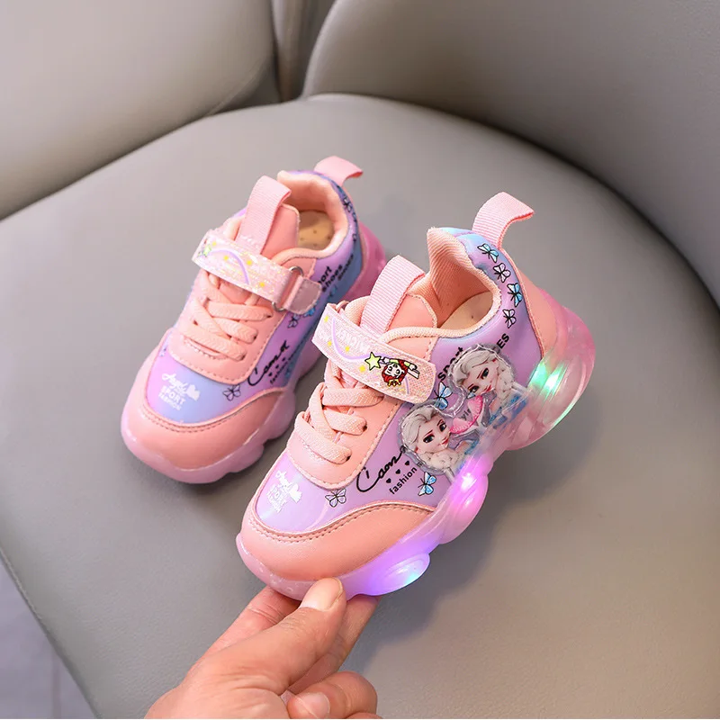 Disney LED Casual Sneakers For Spring Girls Frozen Elsa Princess Print Pu Leather Shoes Children Lighted Non-slip Shoes