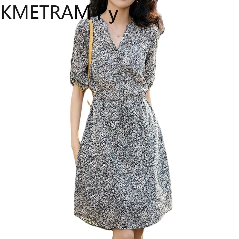 

KMETRAM Mulberry Silk French Printed Dress for Women Summer Grey Background Small White Flower Dresses Slim Style New in 2024