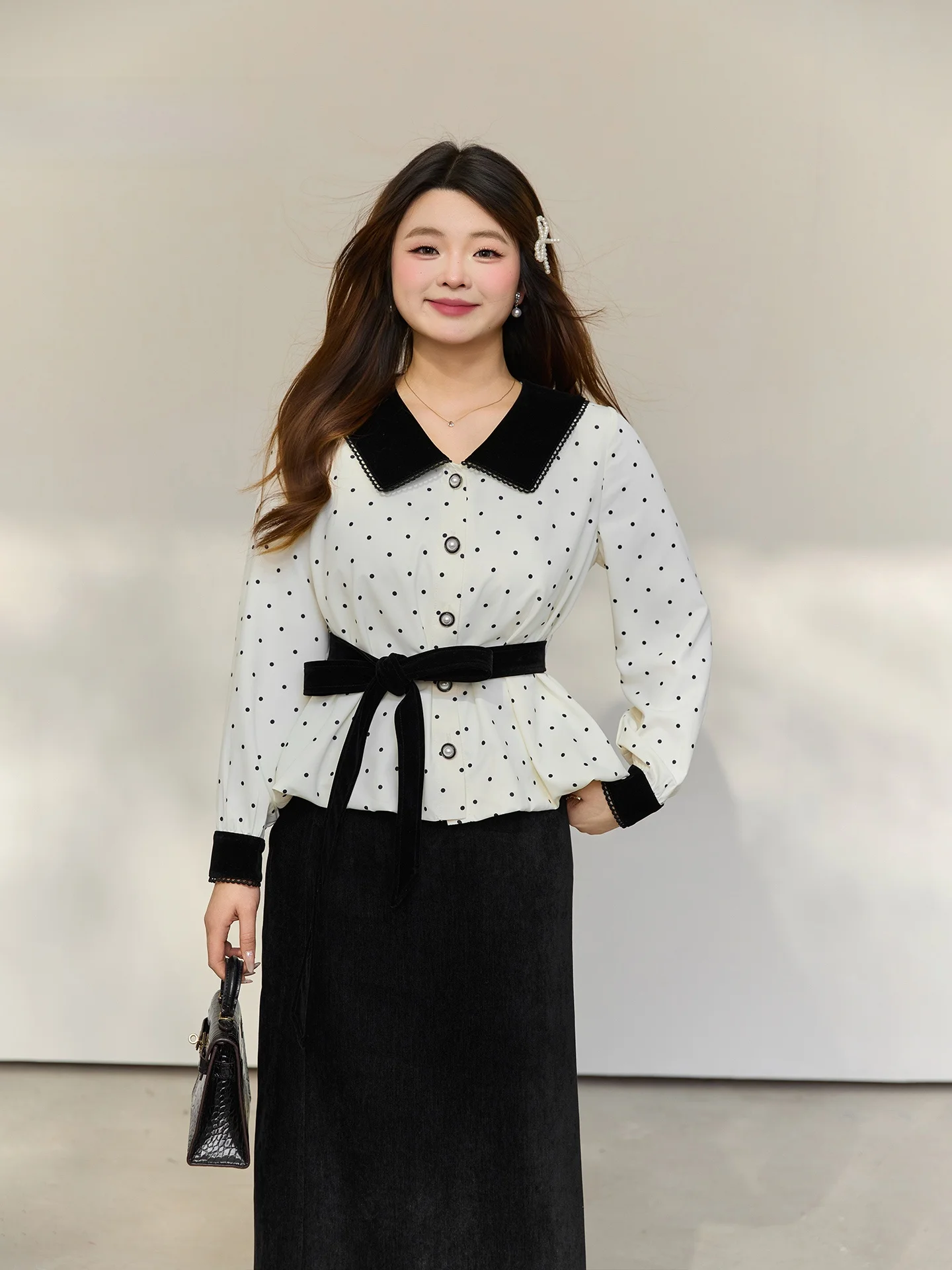 

Модный комплект в горошек DM00, большие размеры, новинка 2026 года, весенний сезон, корейская версия, с длинными рукавами