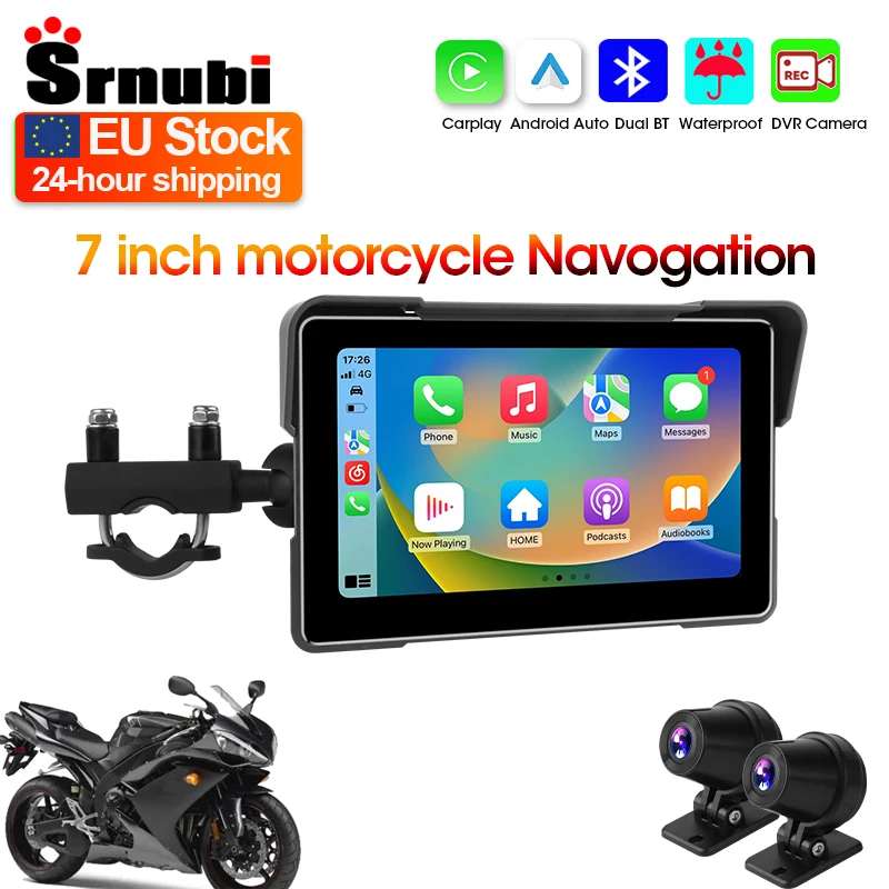 Srnubi Motorcycle GPS Navigation Waterproof wireless Carplay 7 inch Screen Portable Motorcycle Wireless Android Auto Monitor DVR