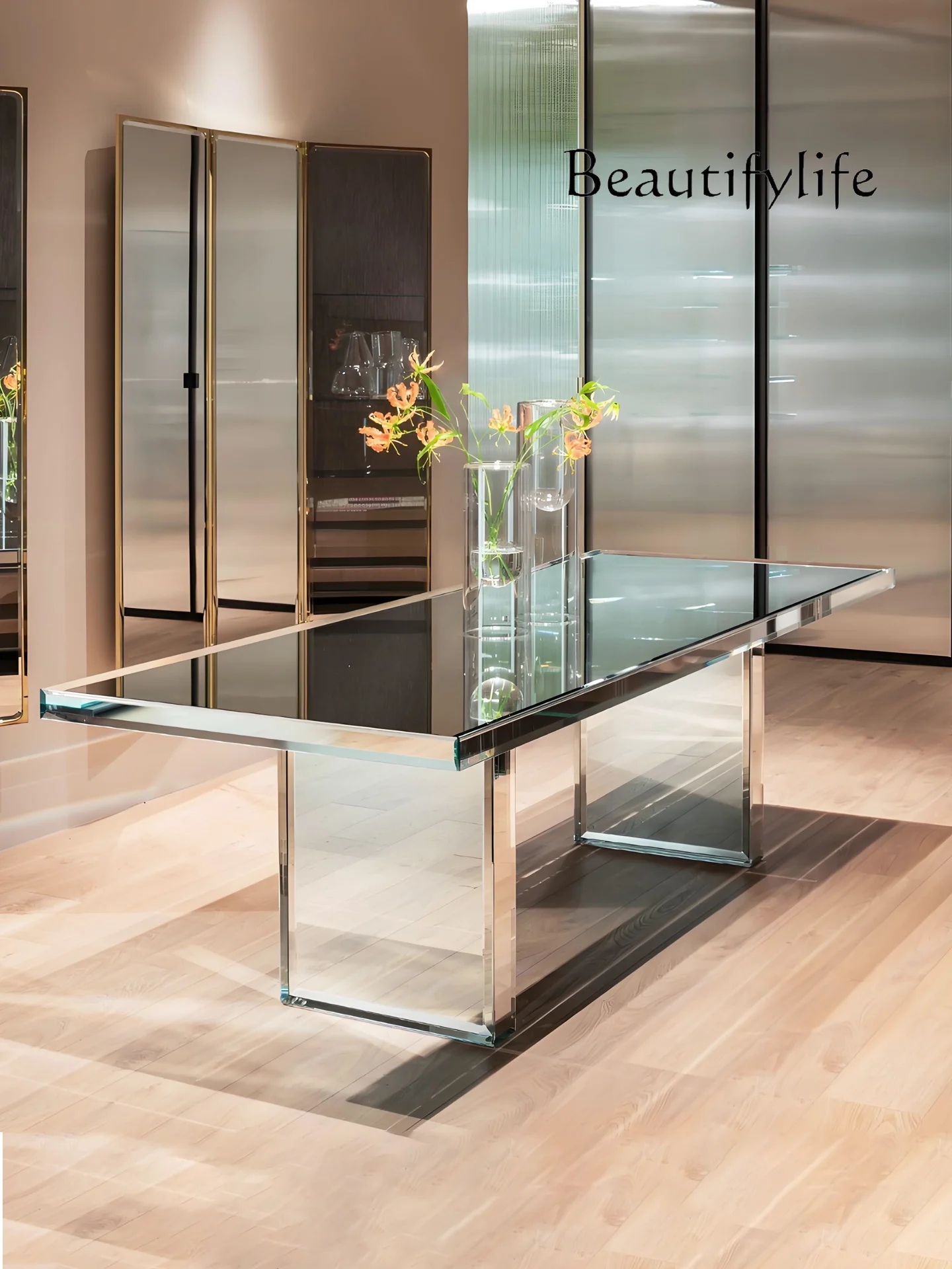 Silver-plated mirror glass dining table Household modern minimalist high-end rectangular office conference table