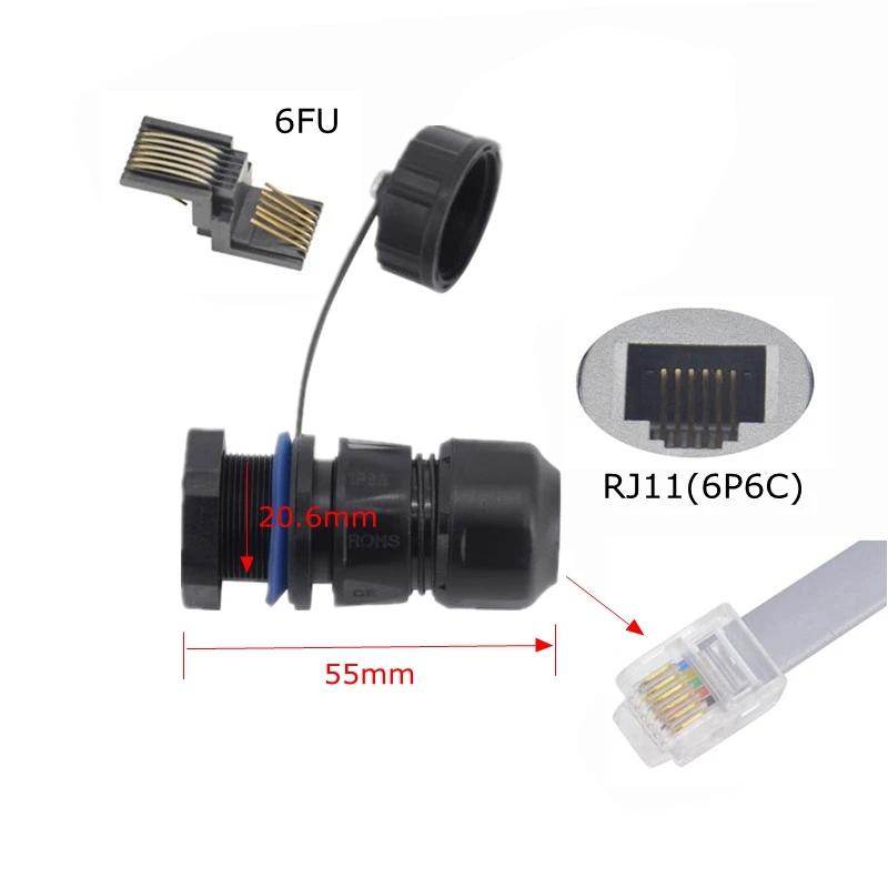 Telephone Cable RJ11 Waterproof Connector RJ 11 M20 6P6C Adapter Straight-through Head Phone Crystal Plug Extender