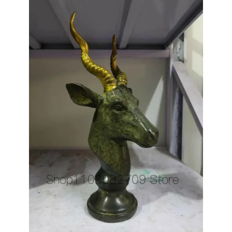 

33cm Rare Antique Bronze Carved Lucky goat rams antelope Head Horn Statue