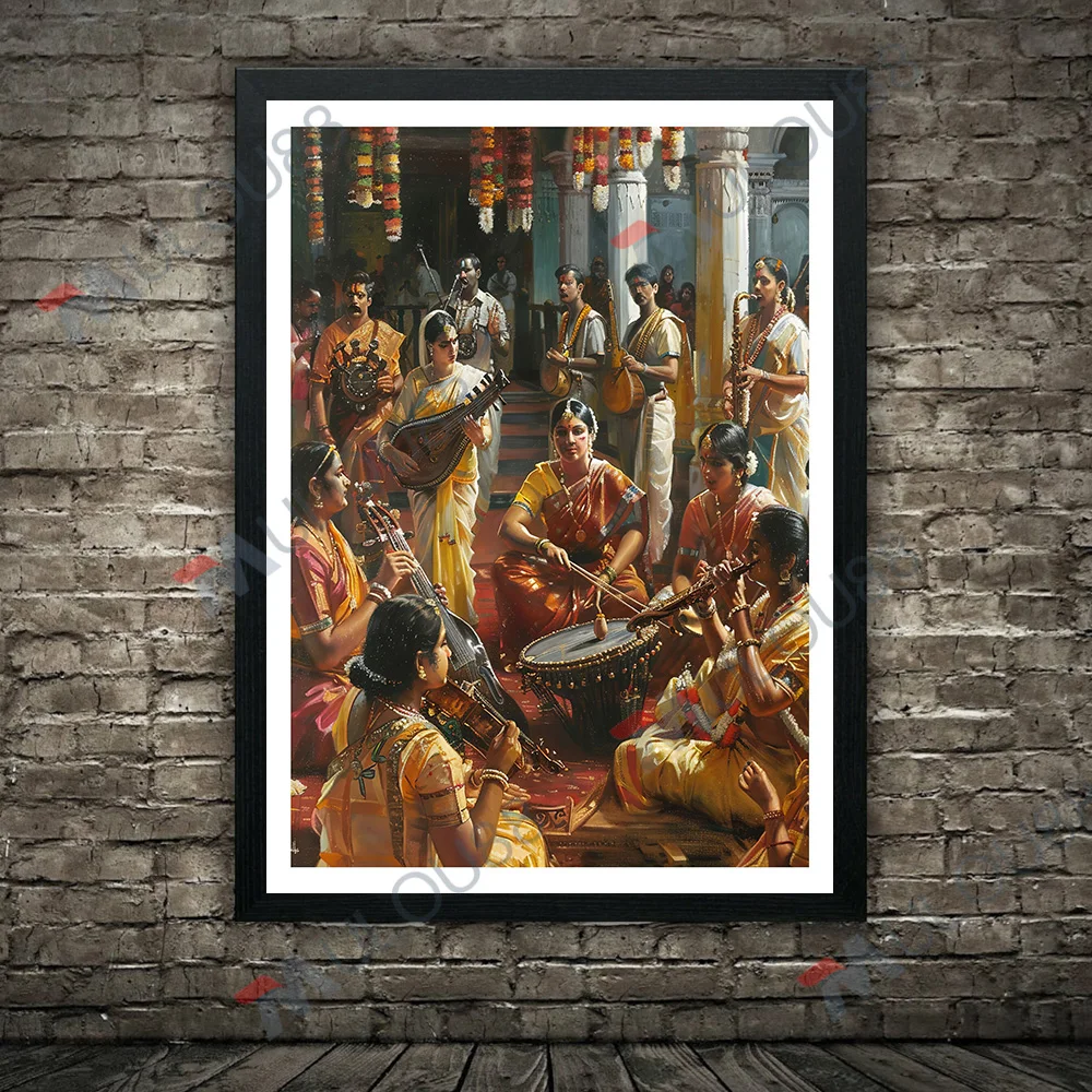 Traditional Indian Dance Art Poster And Print,Tamil Nadu Folk Dance, South India Cultural Artwork Canvas Painting Home Decor