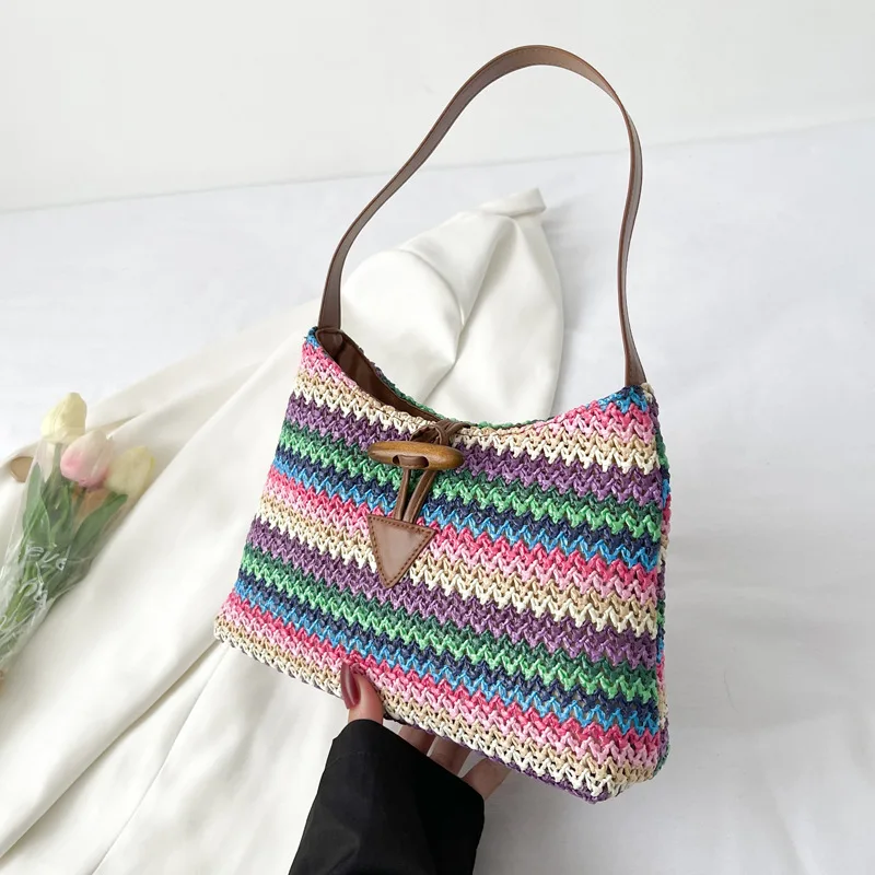 Summer New Straw Braided One Shoulder Underarm Bag Women\'s Rainbow Stripe Single Shoulder Bag Bohemian Style Hand Carry Bags