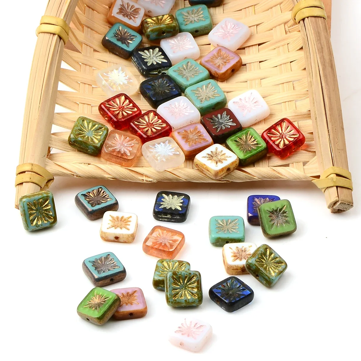 5pcs 10mm Tassel vintage fireworks square glass bead spaced bead for DIY Necklace Bracelet Accessory Material Art Craft Supplies