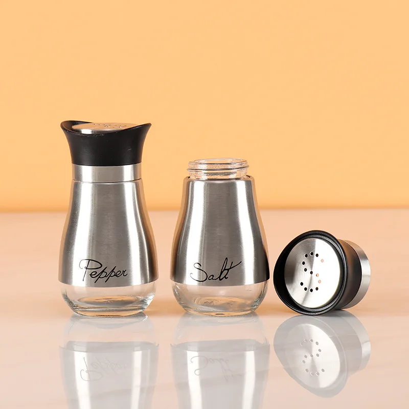 Salt and Pepper Shakers Set, Stainless Steel with Glass Bottle, Table, RV, Camp, BBQ, Set of 2