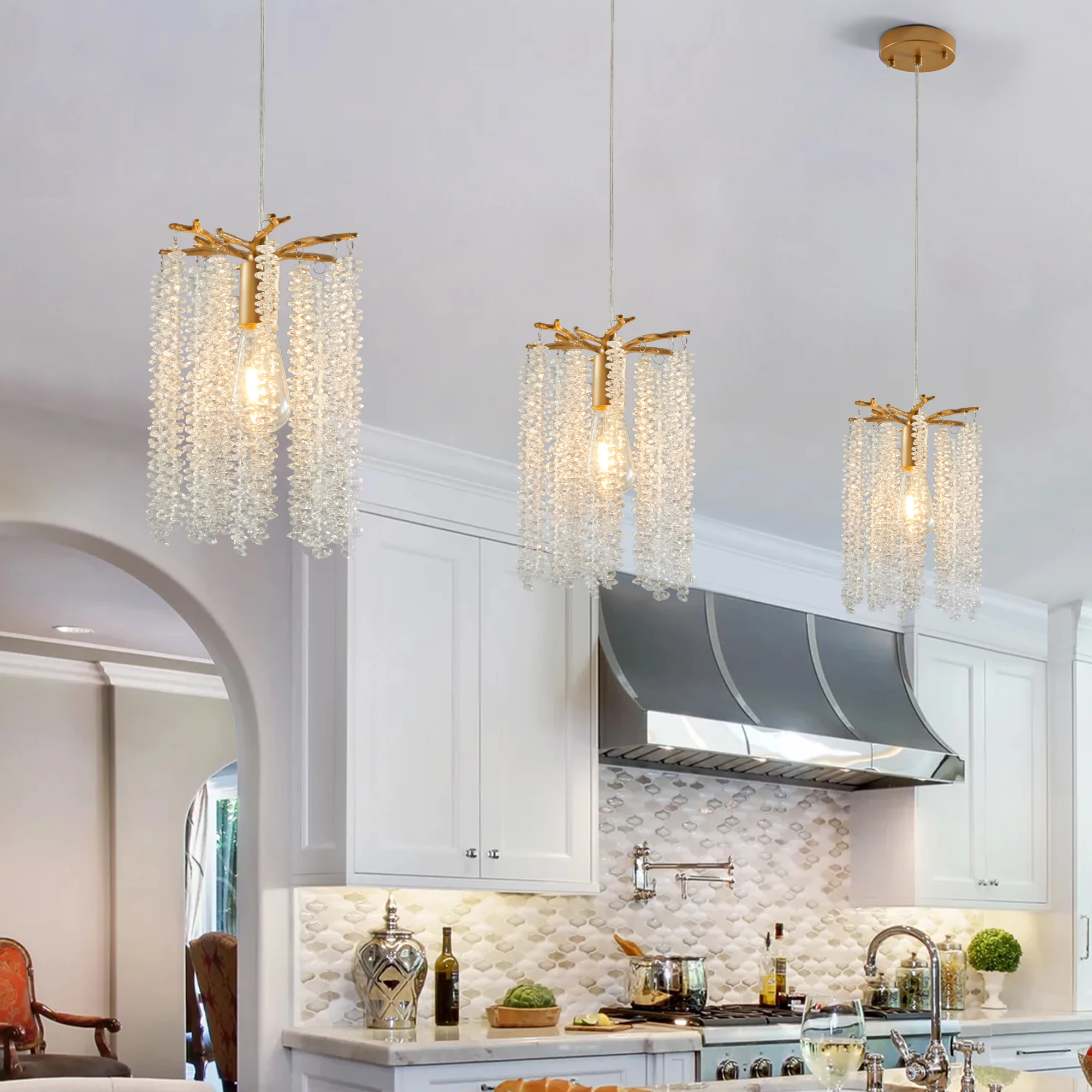 Luxury 3-Pack Crystal Pendant Lights, Elegant Golden Finish Chandelier with Waterfall Bead Design