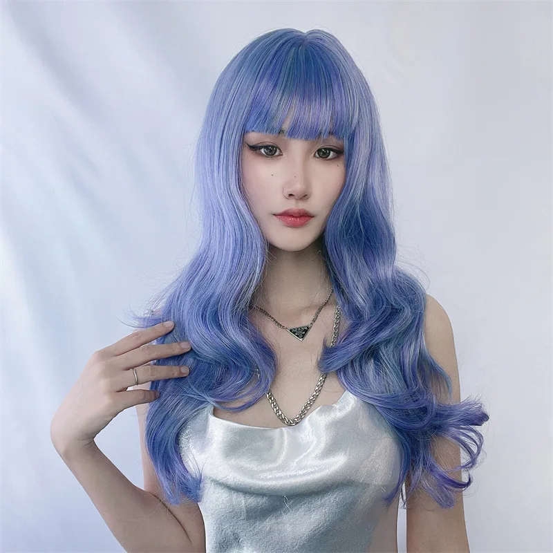 

Smoky Blue Wig Women, Long Curly Hair, Cornrow Permed, Woolly Curls, Japanese Style, Hazy Blue Synthetic Hair Cap, Synthetic Wig