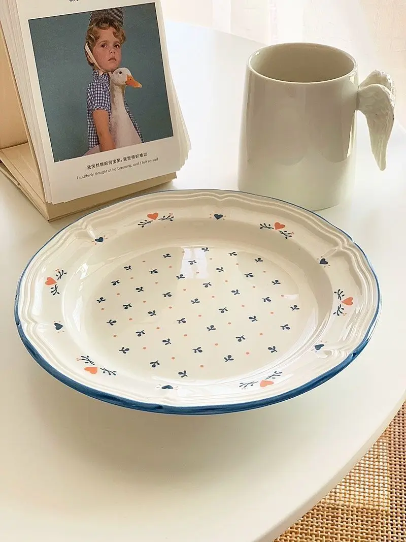 Plate Korean style relief edge blue edge ceramic western breakfast plate high appearance level printing lovely delicate