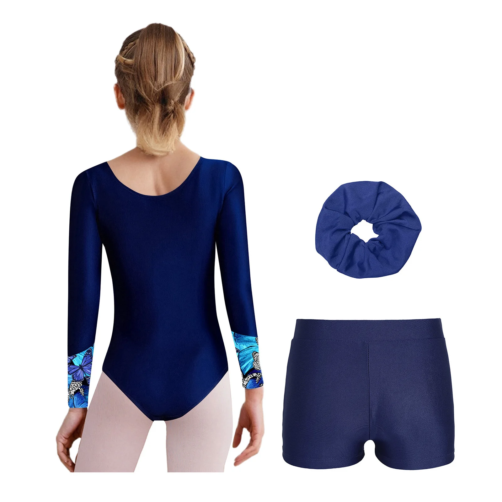 أطفال بنات كم طويل الجمباز ملابس يوتار تجريب ارتداءها مع السراويل مجموعة عصابات رأس رياضية أداء الرقص زي