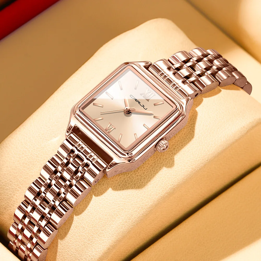 CRRJU New 2026 Women's Gold-Tone Dainty Watch, Retro Style Rectangular Case and Stainless Steel Band, Gift for Her