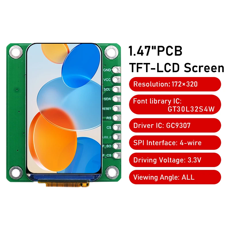 1.47-inch TFT LCD screen with font library 172x320 SPI color screen st7789 driver LCD display module