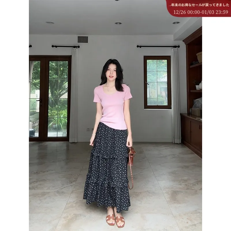 

Co99 Woolen ort Sve Printed Cake Ruffle Skirt Casual Sle Women's Faion Set Summer Collection Ele Slimming Design
