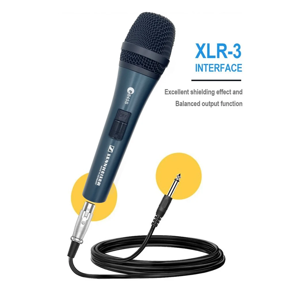 Sennheiser-micrófono profesional E845S Original, micrófono de mano dinámico supercardioide con cable para actuaciones en vivo, Karaoke