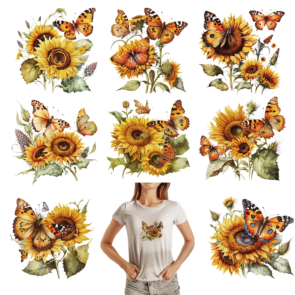 Iron on Patches and Butterflies Dtf Transfers Ready to Press Sunflowers Iron-on Transfers for Clothing Flowers DIY Apparel Arts