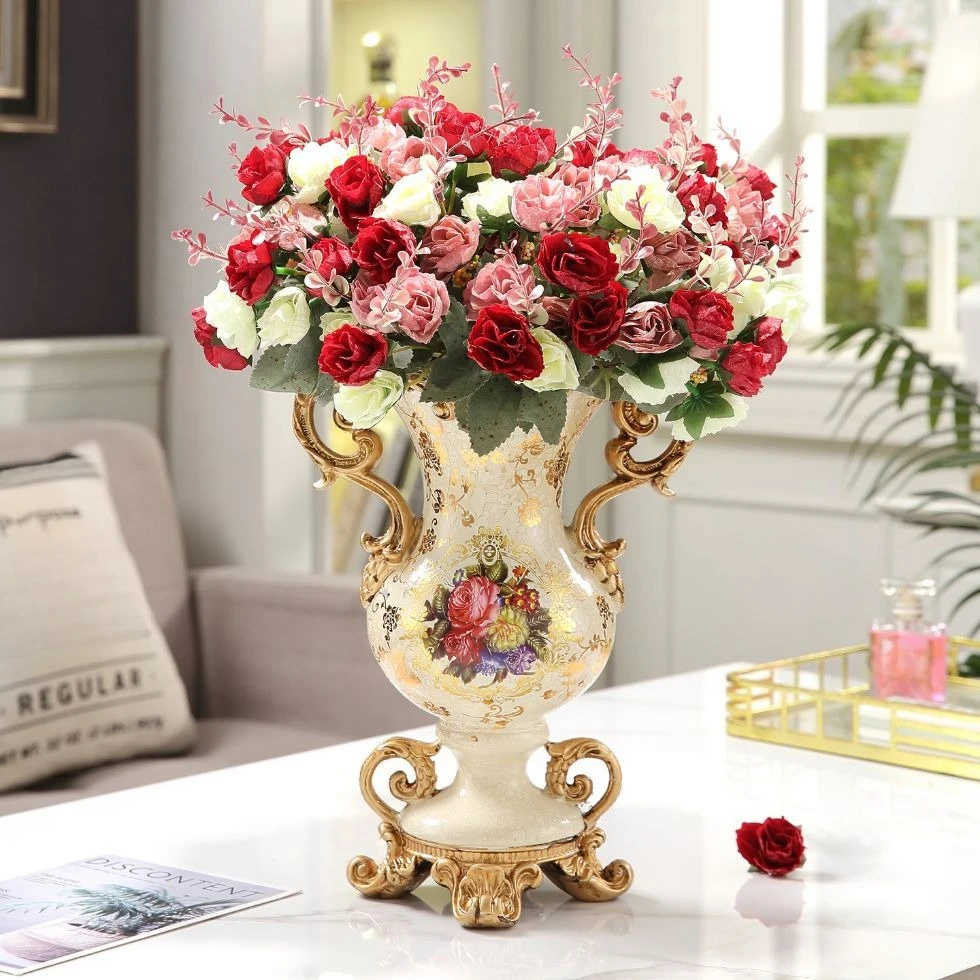 European Luxury Decorative Vase Retro Shape American Home Ornament for Living Room Entrance Dried Flowers
