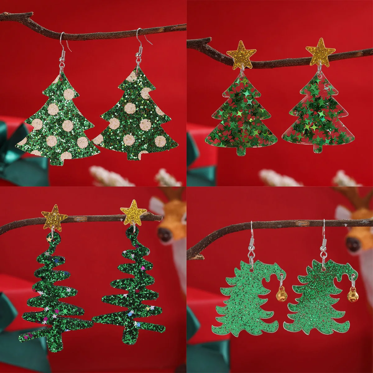 New Glitter Acrylic Christmas Tree Drop Earrings for Women Trendy Colorful Star Plant Statement Earring Xmas Party Jewelry Gifts