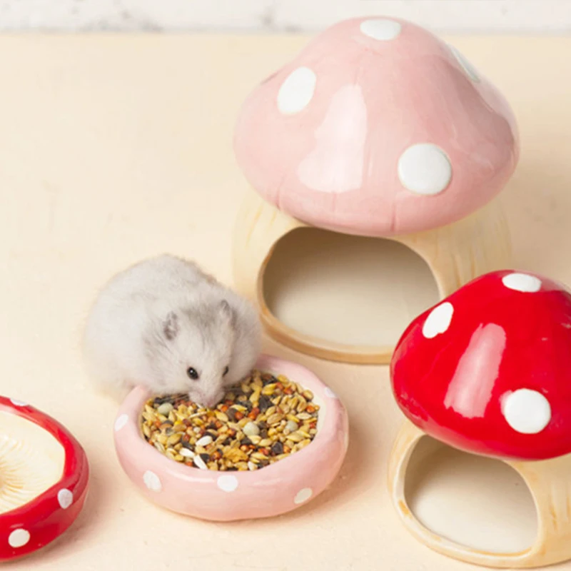 

Mushroom Ceramic Hamster Hideout Water Bottle Stand Food Bowl Hamster Accessories Golden Bear Furniture Sleephouse House