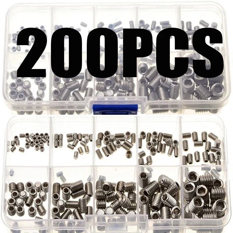 200Pcs M3 M4 M5 M6 M8 304 Stainless Steel Grub Screws Hex Socket Screw Assortment Hexagon Screws Flat Point End Grub Bolt Set