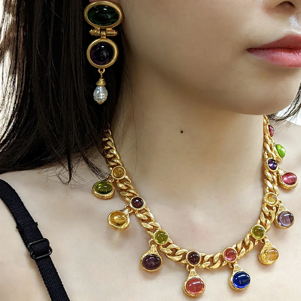 Antique Lucite Necklace, European Heavy Industry, Classic Color, Brass Gold Plated, Vintage Trend, Women's Jewelry Gift