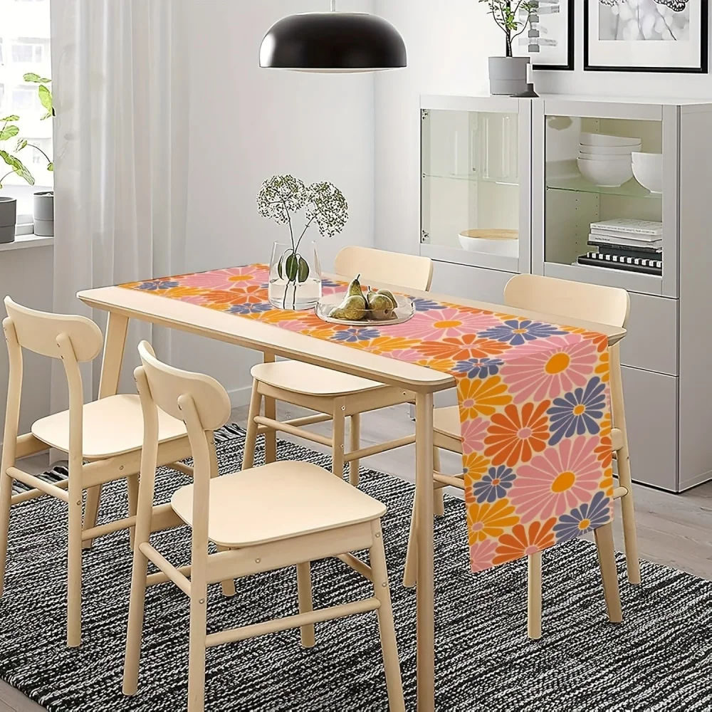 Hippie Floral Table Runner, 1970s Retro Orange Pink Blue Flower Boho Groovy Daisy Flowers Aesthetic Print Table Runner
