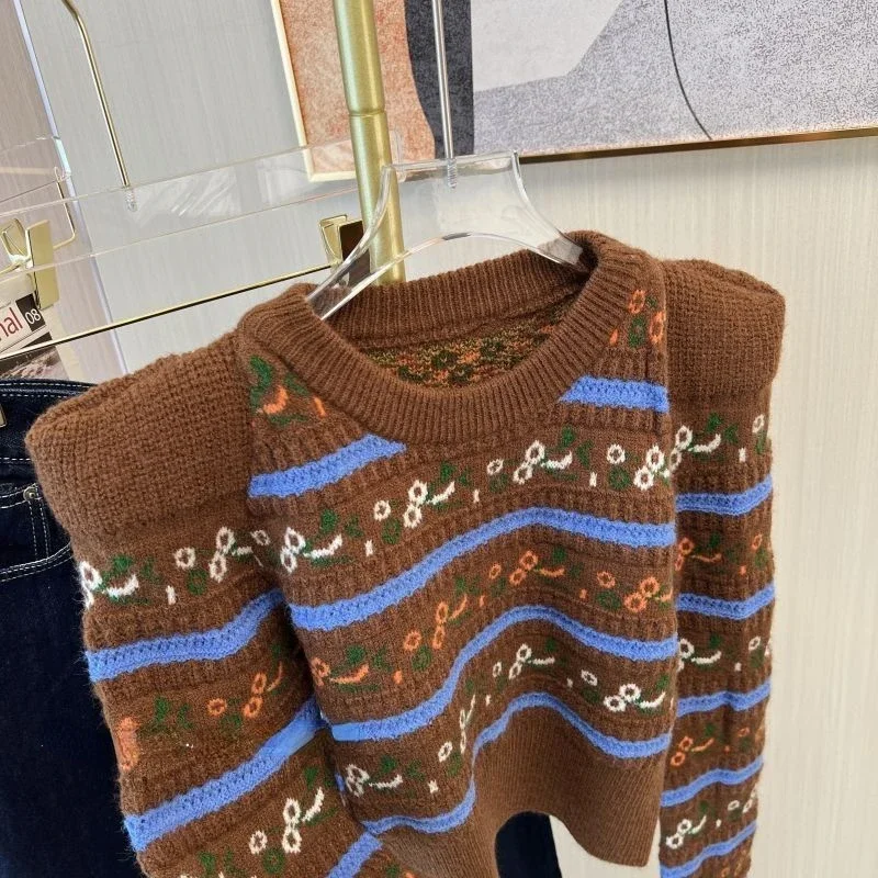 Korean Retro Round Neck Sweater Women 2024 Autumn New Contrast Stripe Short Pullover Fashion Long Sleeve Knitted Sweater