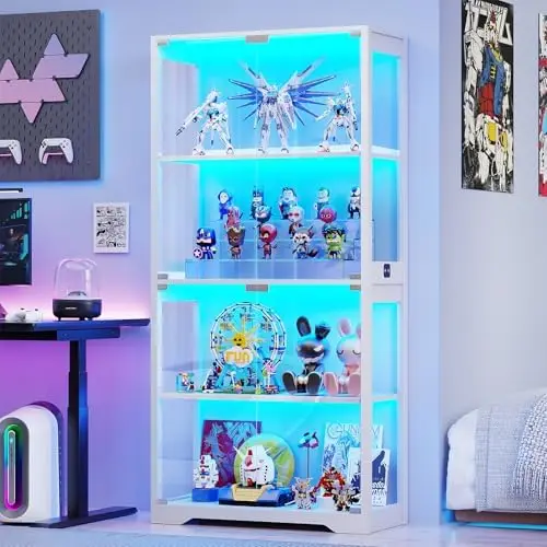 Display Cabinet with Glass Doors, 4-Tier Curio Cabinet with 3 Color Lights for Collectibles, Glass Display Case with