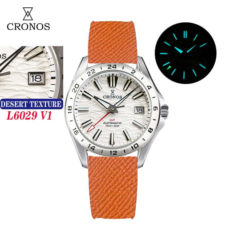 Cronos Mechanical Men Watch 39mm Desert Pattern GMT NH34 Automatic Bubble Sapphire Glass Rubber Band 100M waterproof Wristwatch