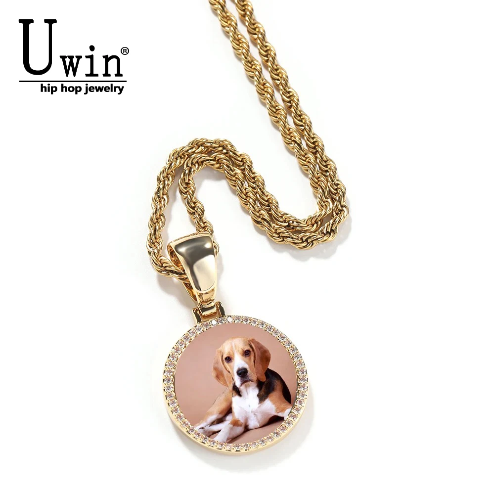 

Uwin Custom Small Size Round Picture Pendant Photo Engrave Name HipHop Jewlery Personalized Men Women Memory Gifts
