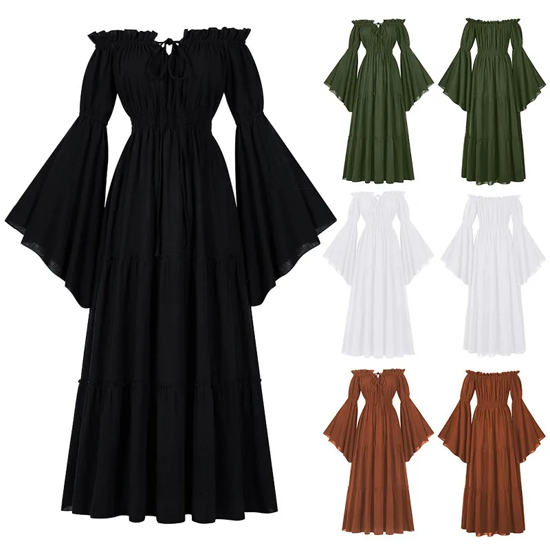 Women Medieval Vintage Dress Off Shoulder Ruffle Long Renaissance Victorian Retro Court Gown Halloween Party Cosplay Dress
