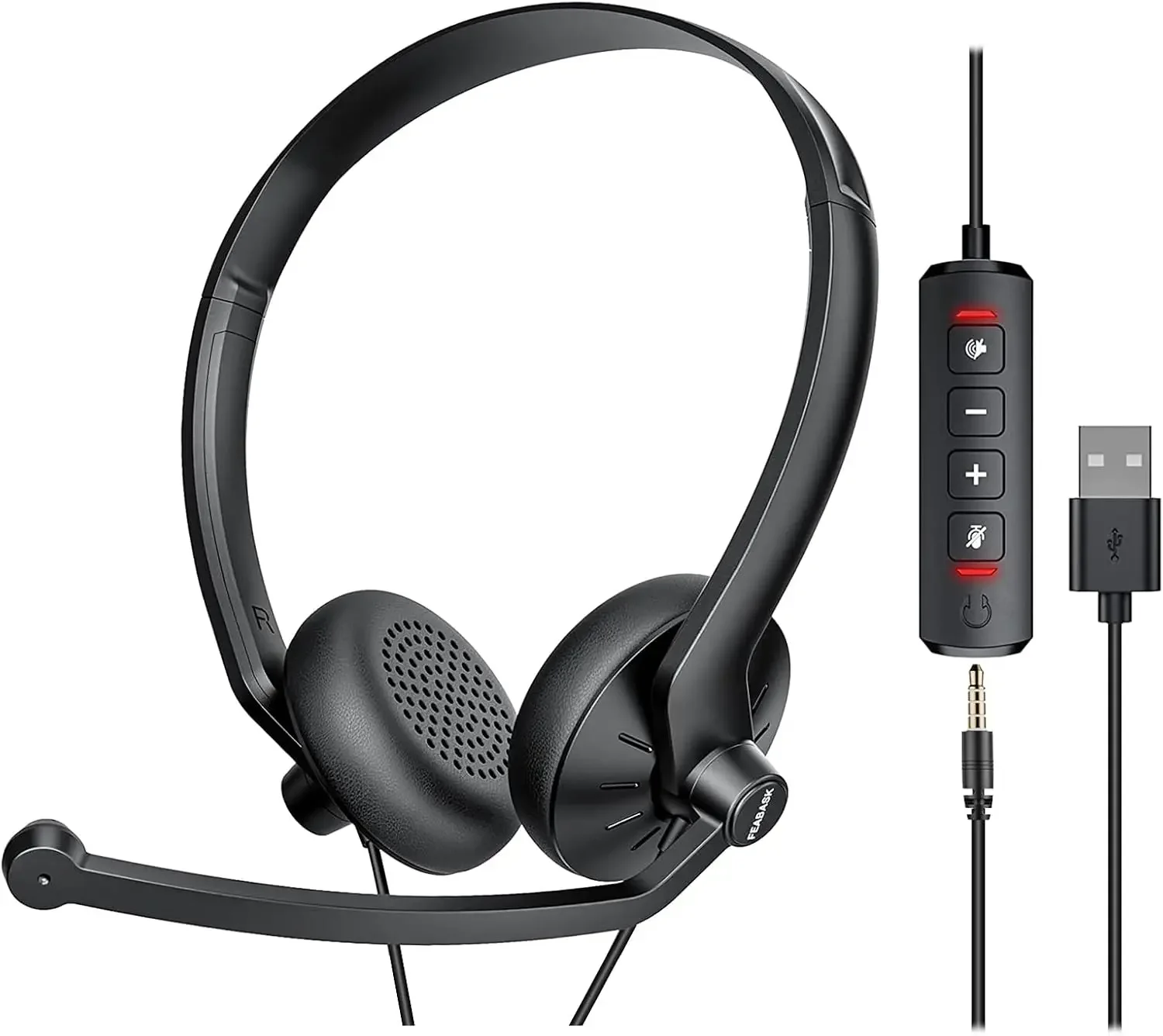 FEABASK EH07 USB-Headset mit Mikrofon für PC, Laptop, kabelgebundene Computer-Kopfhörer, Geräuschunterdrückung, für Home Office, Online-Stummschaltung – Detail 1