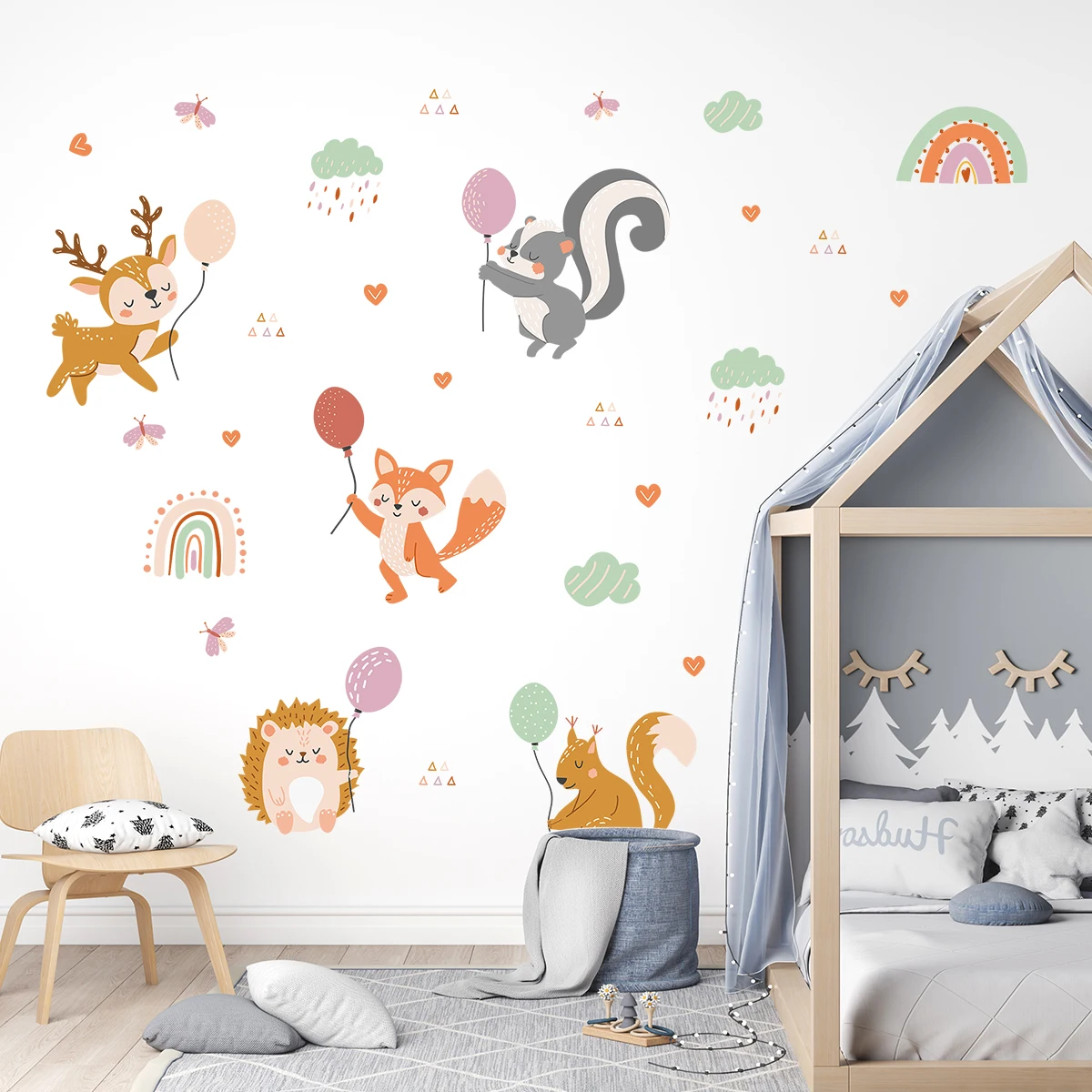 Cartoon Cute Animals Sika Deer Squirrel Wall Sticker Decoration for Bedroom Girl Gift Kidsroom Wallpaper Living Room Wall Decals