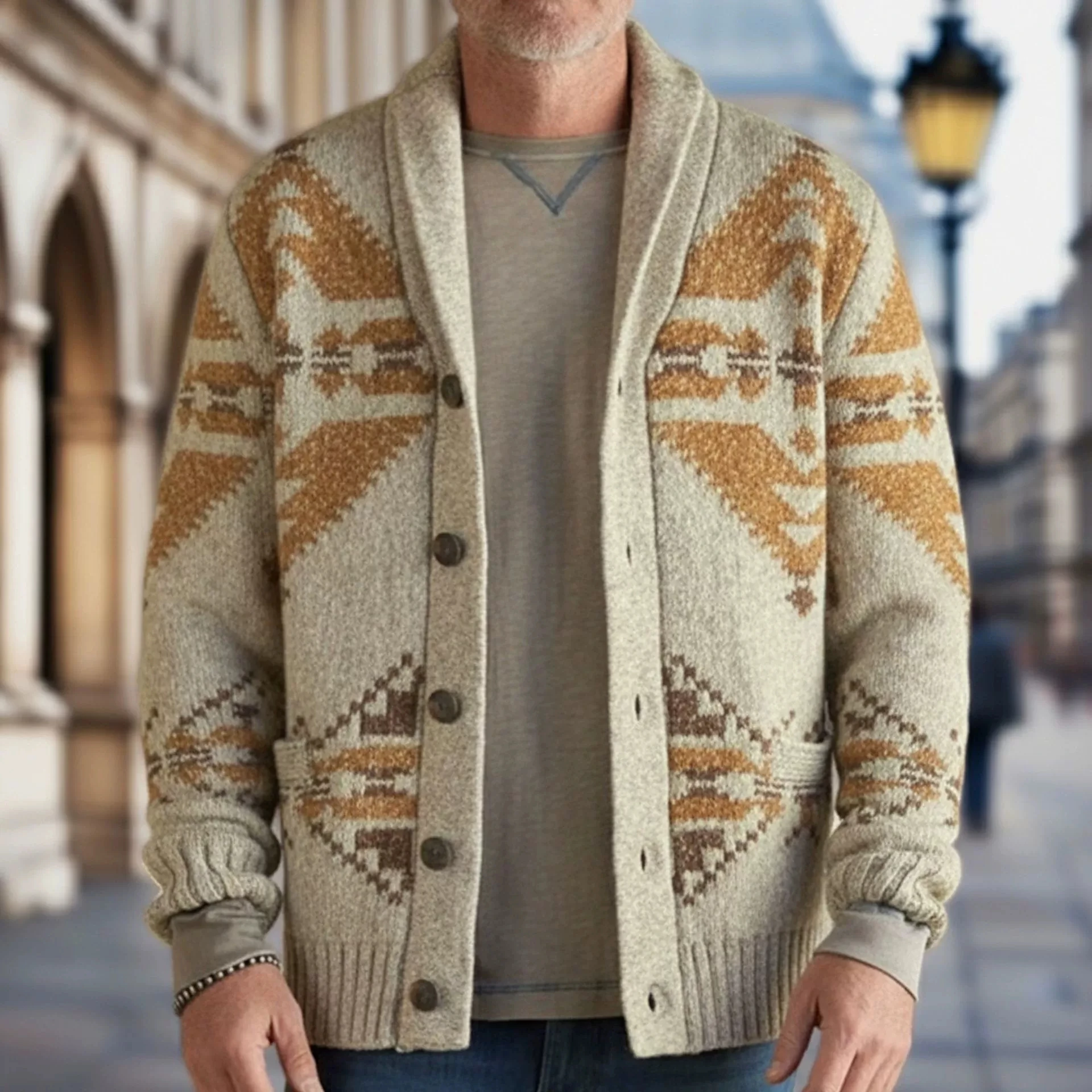 Autumn and winter new men's clothing European and American style jacquard outer sweater long sleeved knitted jacket top