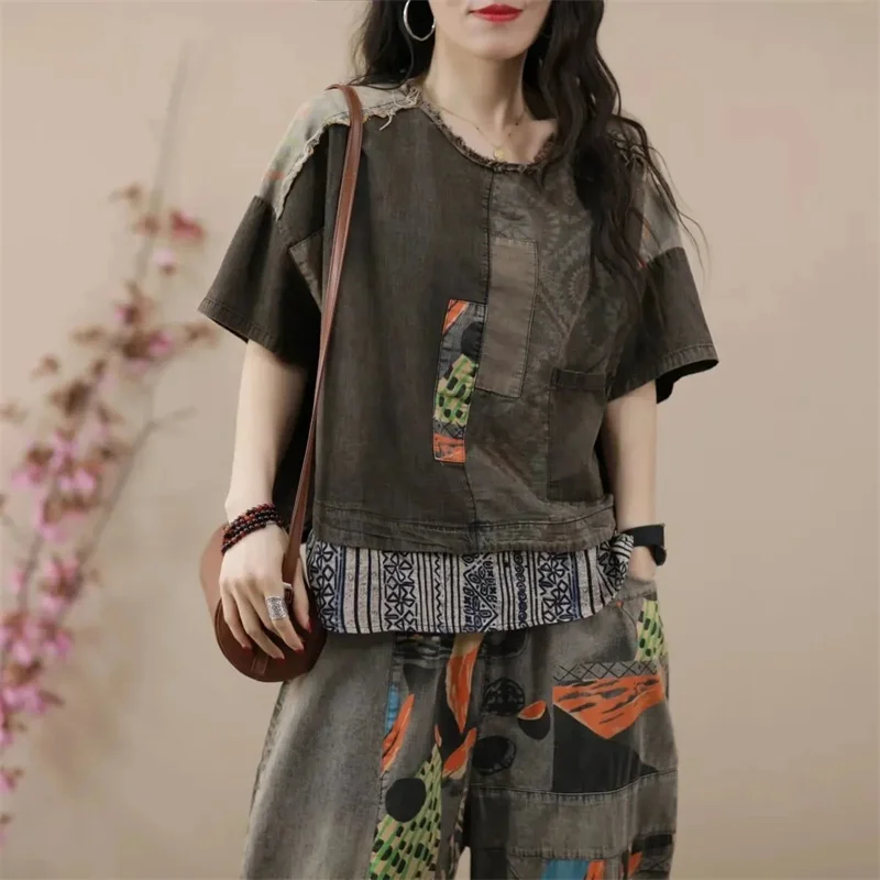 2024 Female Korean Ethnic Style Denim Harlan Pants Sets two-piece Women\'s Summer New Small Casual High-end Clothing Printing Set