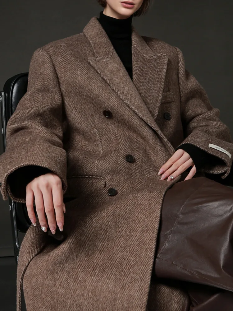 معطف نسائي طويل بني مزدوج الصدر من ZMEENNA معطف طويل برباط ذاتي وحزام من مزيج الصوف مناسب ملابس خارجية شتوية ZM4533