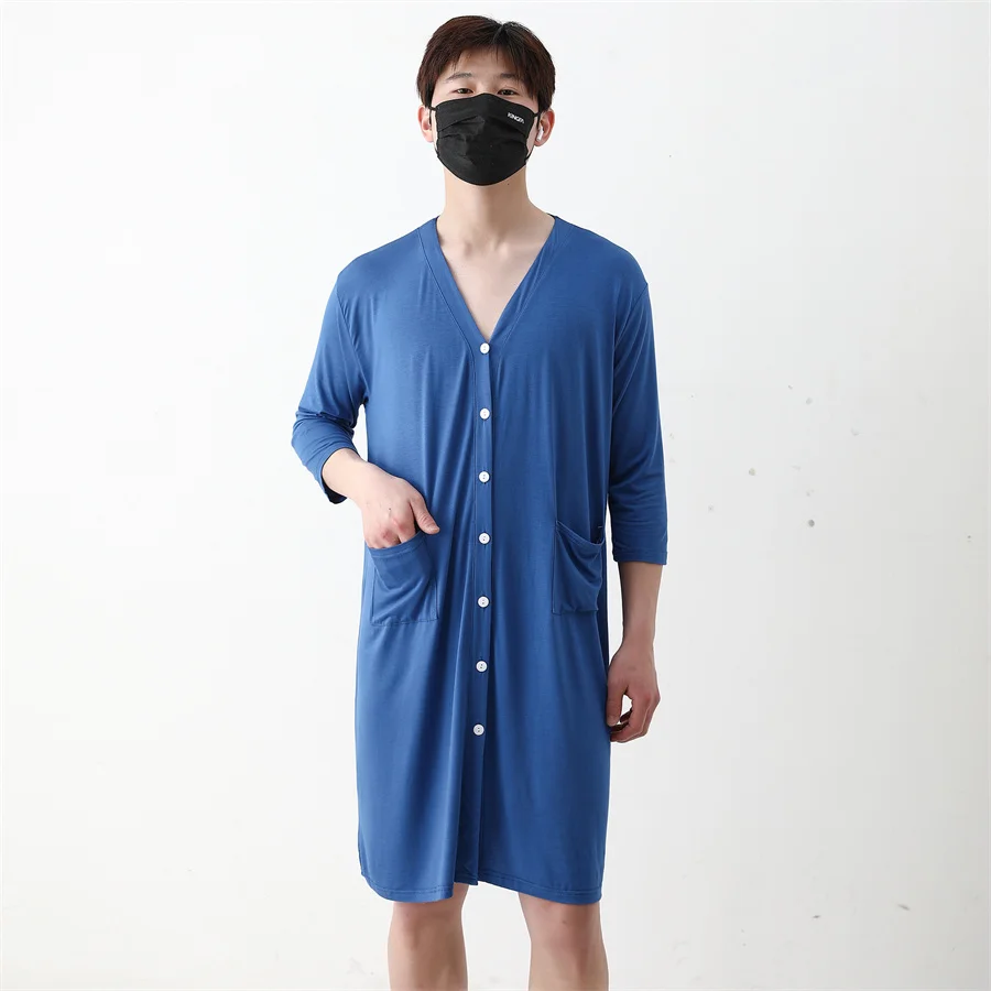 2024 Summer Men\'s Pajamas Robe Modal Cardigan Sleepwear Loose Bathrobe Male Shirt Dress Casual Draped Home Clothes for Men