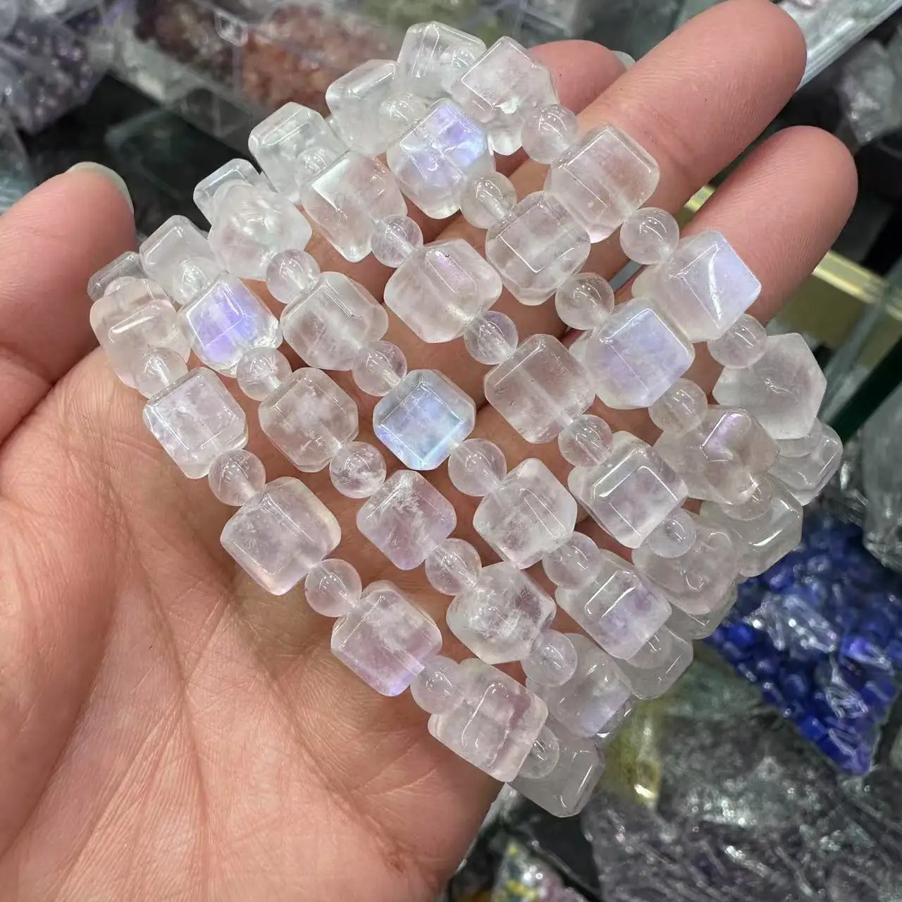 AAAA Grade Rainbow Moonstone Cube Shape Bracelet Natural Gemstone Jewelry Bangle For Woman For Gift Wholesale !