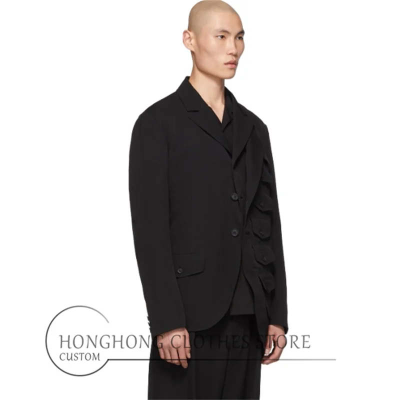 Original design asymmetrical black suit, high-quality fake two-piece multi-pocket plus-size jacket